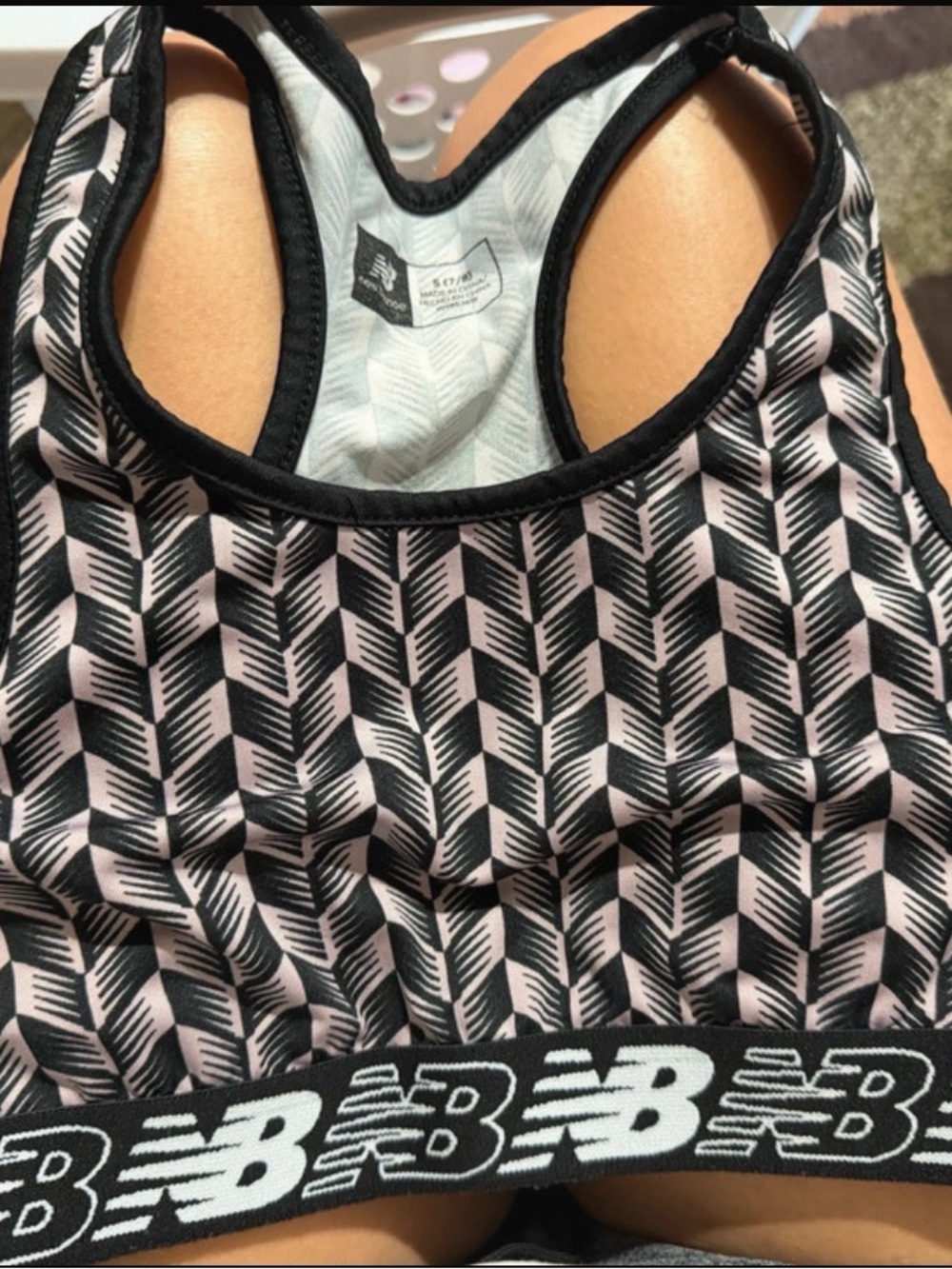 New Balance girls Black, Pink & White Patterned Sports Bra